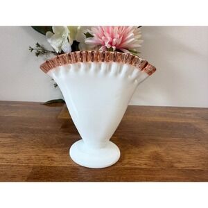 Vintage Fenton Milk Glass Vase Rose Crest Ruffled Edge Pedestal Fan Vase Peach